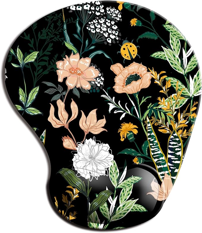 Dooke Ergonomic Mouse Pad with Wrist Support, Cute Mouse Pads with Non-Slip PU Base for Home Office Working Studying Easy Typing & Pain Relief Black Floral