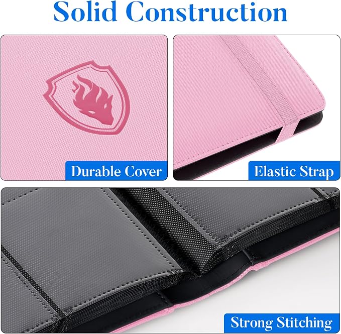 Premium 9 Pocket Card Binder for 360 Cards, Fabmaker PU Cover Trading Card Binder, Sturdy Card Collection Album, Sleek Card Holder Folders for Game Cards & Sports Cards, Pink