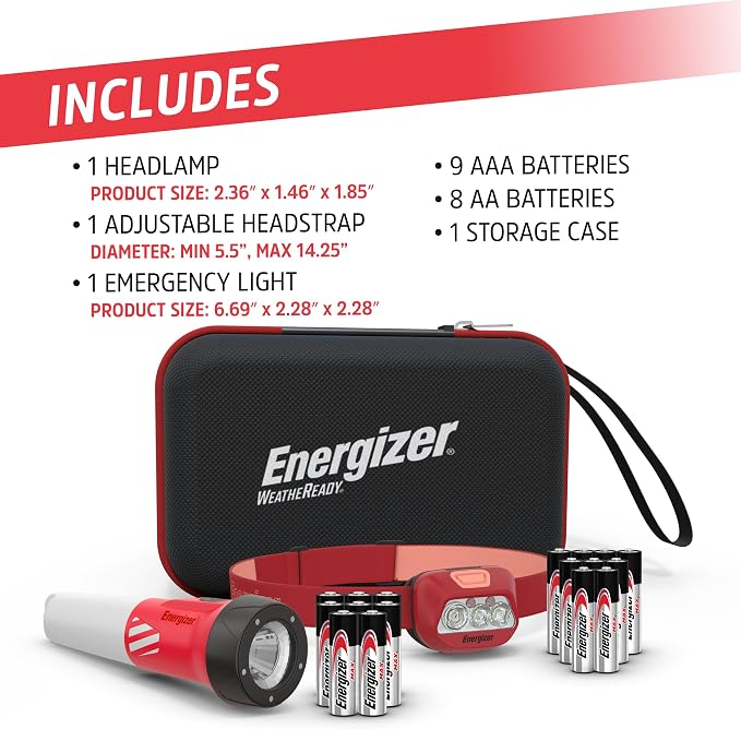 Energizer WeatheReady Power Outage Kit with 2-in-1 LED Flashlight Lantern, LED Headlamp, IPX4 Water-Resistant, Backup AA + AAA Batteries, Storage Case, Hurricane Preparedness Items