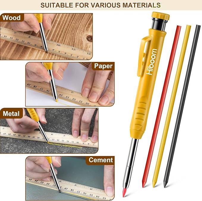 Hiboom 2 Pack Carpenter Pencils with Pencil Cap and 18 Refills, Yellow | Mechanical Pencil, Deep Hole Marking, Built-In Sharpener, Long Nose Tip, Pocket Clip, Marks Many Surfaces, Woodworking Use
