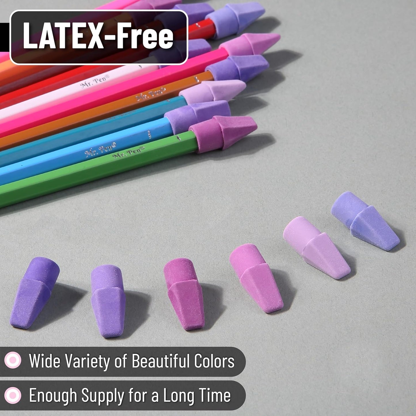 Mr. Pen- Pencil Top Erasers, 120 Pack, 6 Different Purple Shade Colors, Latex-Free & No Smudge Pencil Eraser Tops, Back to School Supplies