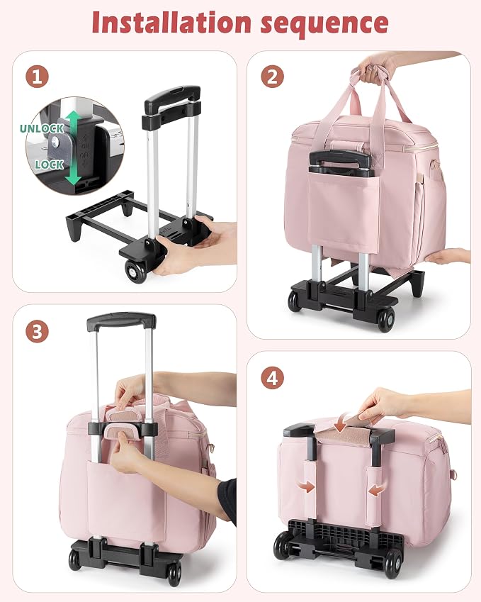 Marscamd Rolling Teacher Bag with Accordion File Organizer for Work | 15.6" Laptop Compartment, Detachable Trolley & Crossbody Strap, Womens Briefcase Tote with Wheels (Pink))