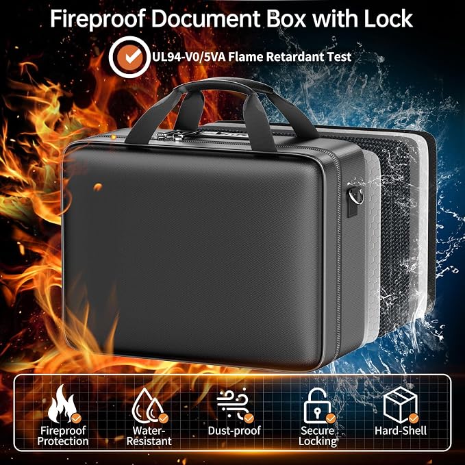 ENGPOW Fireproof Document Box with Lock & 13 Pockets Accordion File Folder | Hard Case File Organizer Home Safe Box with Multi Pockets,Protects Important Documents,Certificates,Laptop,Passports,Black