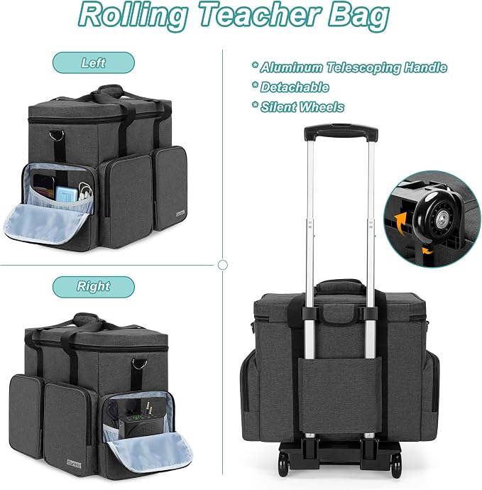 Rolling Teacher Tote Bag with 2 Detachable Pouches for Work, Black | Wheeled Teacher Uility Bag with 15.6" Padded Laptop Sleeve, Large Briefcase with Detachable Trolley for Women