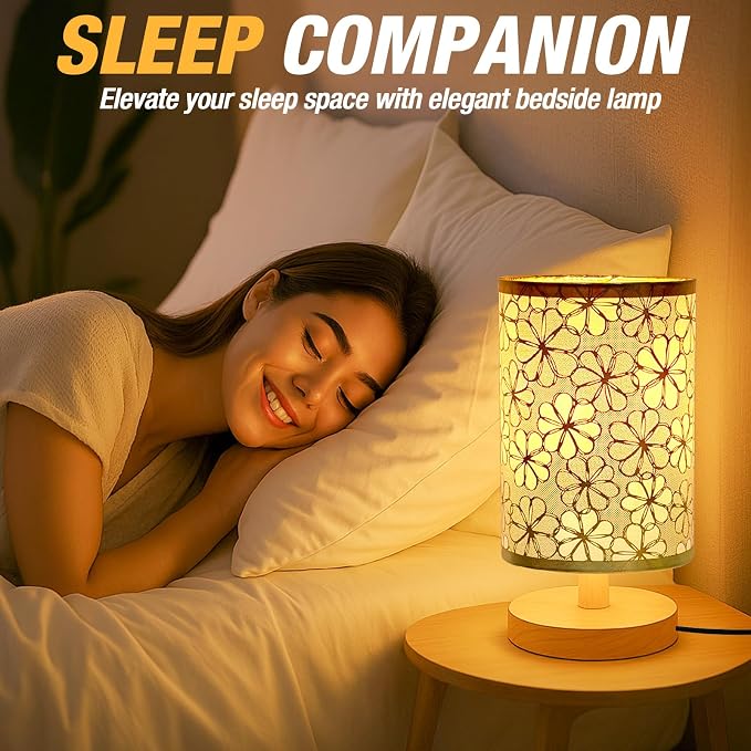 Desk Lamp LED Bulb Included, Small Bedside Table Lamp Plug-in - Classic Wood Base with Flaxen Fabric Shade, Lamps for Night Stands, Simple Nightstand Light for Bedroom, Office, Desk