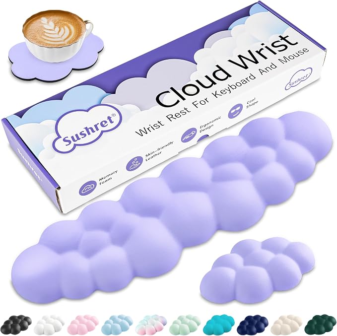 Cloud Wrist Rest Keyboard, Cloud Keyboard Wrist Pad Set with PU Leather Memory Foam, Cute Arm Rest for Palm Support, PC/Gaming Desk Accessories/Office Setup/Computer Hand Cushion - Purple
