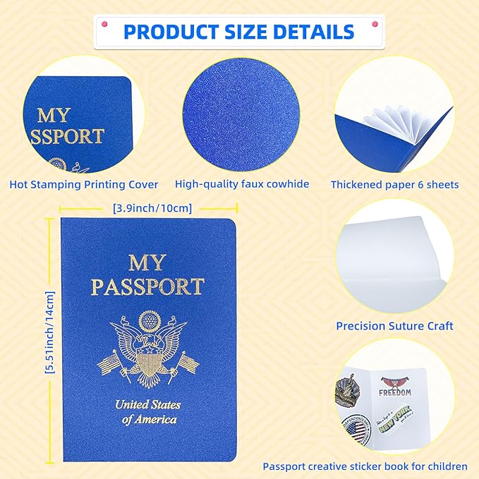 10 Pcs Blank Passport Notebook Blue Passport Book Fake Passport Travel Journal Sticker Collection Book for Kids School Projects World Travel Pretend Activity Party Favors, 5.51x3.9 Inch