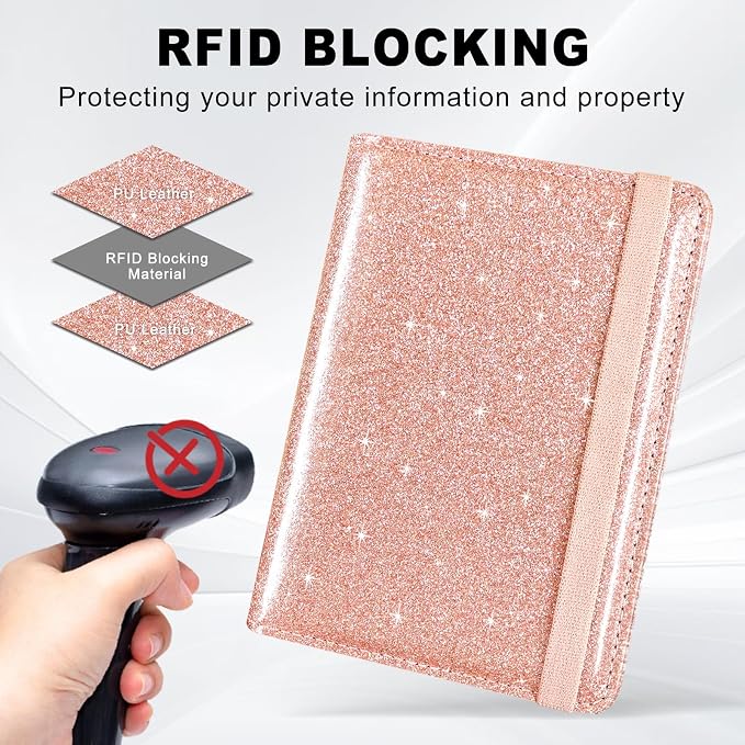ACdream RFID BLOCKING Passport Holder Travel Wallet, Premium PU Leather Cover Passport Book with Card Holder, Pen Holder, Keep Organization, and Travel Essentials for Women and Men, Glitter Rose