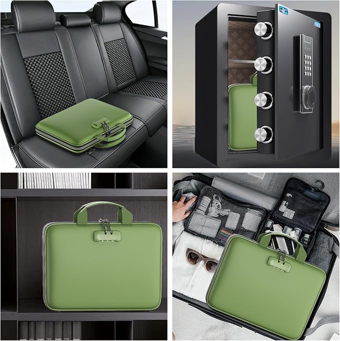 Tamfile Fireproof File Organizer with Lock,Hard Case Fireproof Document Box | 13 Colour Pockets Accordion File Folder, Office Home Important Document Organizer for Letter A4 Files Laptop Passports,Green