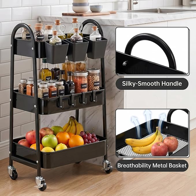 3-Tier Rolling Cart, Utility Cart Mobile Metal Rolling Storage Cart with Lockable Wheels & Hanging Cups & Hooks for Kitchen, Bathroom, Office, Workshop, Black
