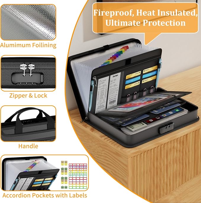 DocSafe 5200°F Accordion File Organizer with Lock,Fireproof Water Resistant Expanding File Folder with Multi Pockets,Document Organizer Home Office Travel Safe Storage for Letter Size Files,Black