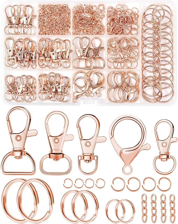 325PCS FIVEIZERO Keychain Making Kit - Keychain Clips with Key Ring, Lobster Claw Clasp, Swivel Snap Hook, Jumprings & Extender Chain for Crafts, DIY Projects & Purse Making Supplies (Rose Gold)