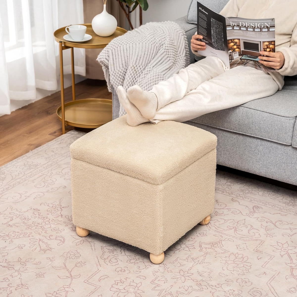Adeco 17 Inch Soft Oatmeal Cube Ottoman Storage, Teddy Velvet Chair Foot Stools, Upholstered Vanity Stool with Hinged Lid, Solid Round Wood Legs
