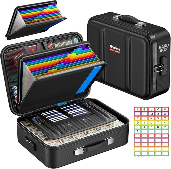 Fireproof Document Box with Lock, Hard Case Safe Box Water Resistant Document Organizer for Important Documents, Passports, Certificates & Cash, Portable File Storage for Home Office, Black