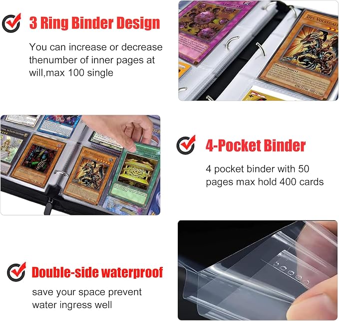 4 Pocket Trading Card Binder for Cards with 50 Sleeves up to 400 Cards,Waterproof Card Storage Book with Removable Sleeves for Booster Box and TCG Cards