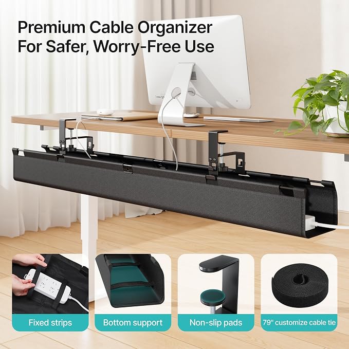 PEGZONE No Drill Under Desk Cable Management Tray, 47.2" Fabric Organizer | Clamp/Screw Premium Mount Cord Holder, for Power Strips, Adapters, with 2 Hooks & 1 Tie Roll for Home Office Gaming, Black