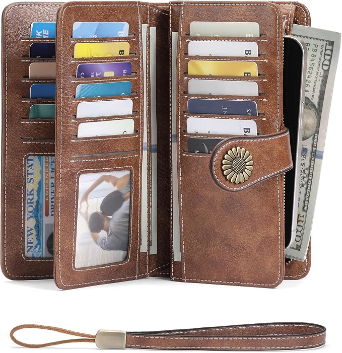 SENDEFN Wallets for Women Leather Credit Card Holder with RFID Blocking Large Capacity Wristlet | with RFID Blocking