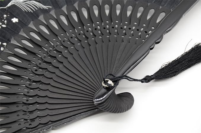 OMyTea Folding Hand Fan for Women - Foldable Japanese Chinese Oriental Vintage Retro Bamboo Silk Fan - for Church, Decoration, Hot Flash, Dance, Performance, Party, Gift (Black Grassflowers)