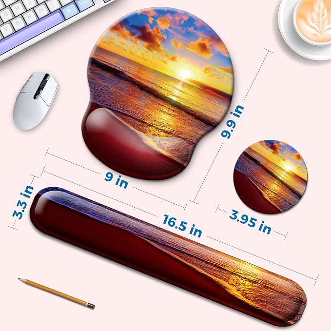 Mouse Pad and Keyboard Wrist Rest Support,Ergonomic Mouse Pad Set | Mousepad With Coaster and Non-Slip PU Base,Pain Relief for Desk Desktop Gaming, Computer,Office -Beach