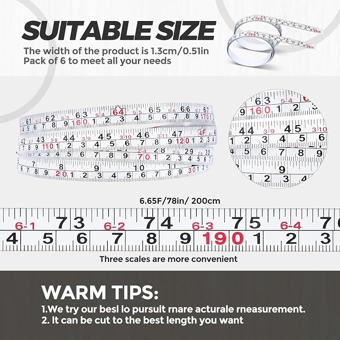 6 Pcs 78 Inch Self Adhesive Measuring Tape Double Scale Measuring Ruler Stick Tape for Work Woodworking Workbench Saw Drafting Table