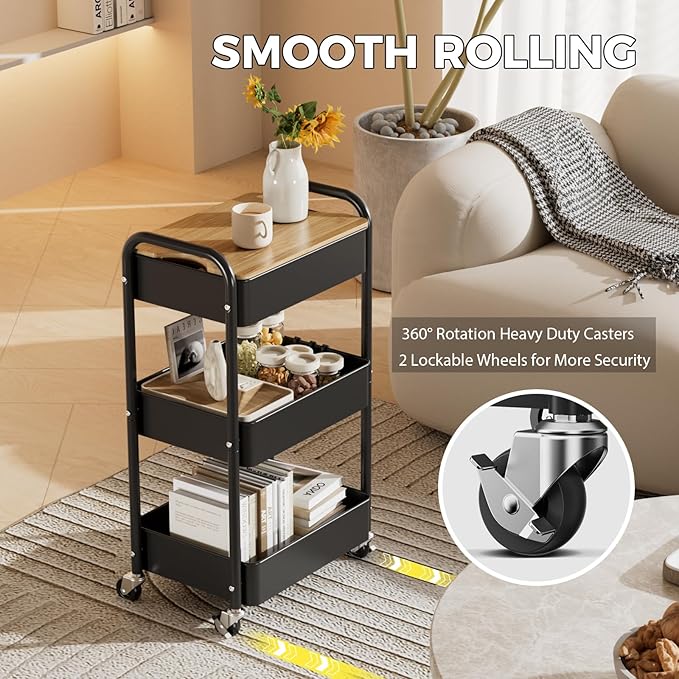 3-Tier Rolling Cart with Table Top, Metal Utility Cart on Wheels | Sturdy Storage Organizer Cart with Lockable Wheels&Hooks for Craft, Office, Classroom, Kitchen and Bathroom, Black