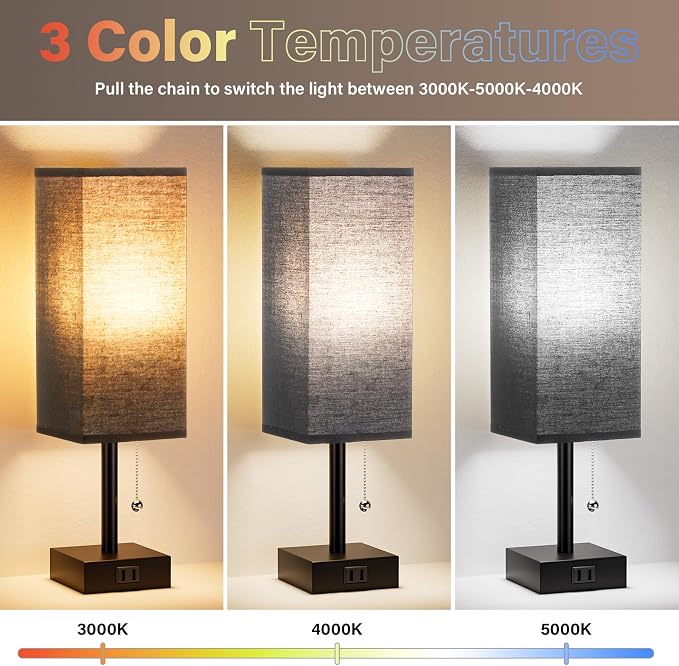 Bedside Lamp for Bedroom Set of 2 - Black Table Lamp for Nightstand | AC Outlet, 3 Color Temperatures, LED Bulb Included, Pull Chain Design, 14" Rectangular Desk Lamp for Dorm/Office, 2-Pack
