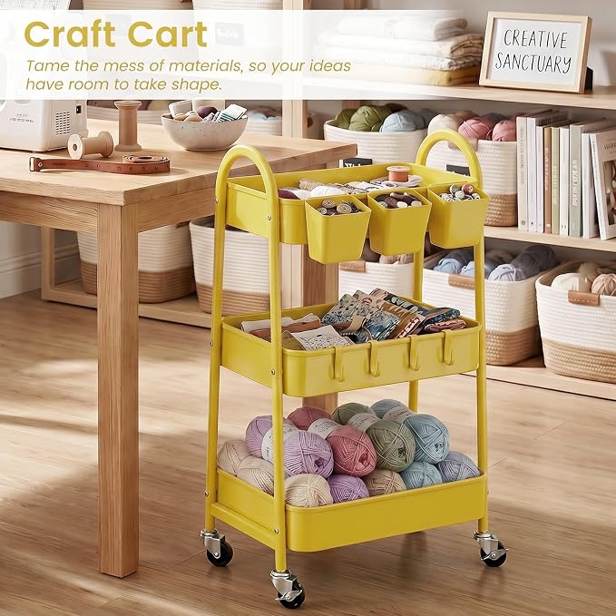 3-Tier Rolling Cart, Utility Cart Mobile Metal Rolling Storage Cart with Lockable Wheels & Hanging Cups & Hooks for Kitchen, Bathroom, Office, Workshop, Yellow