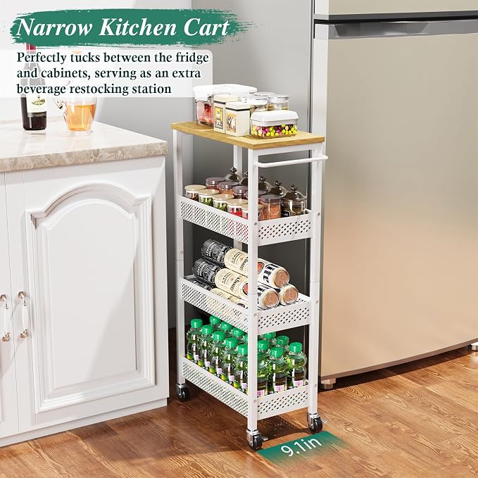 OKZEST 4-Tier Slim Rolling Storage Cart for Laundry Room, Bathroom, Kitchen | Upgraded metal hub casters, Narrow utility cart for small space/gaps, Premium wood top & metal mesh shelf, with handle & hook