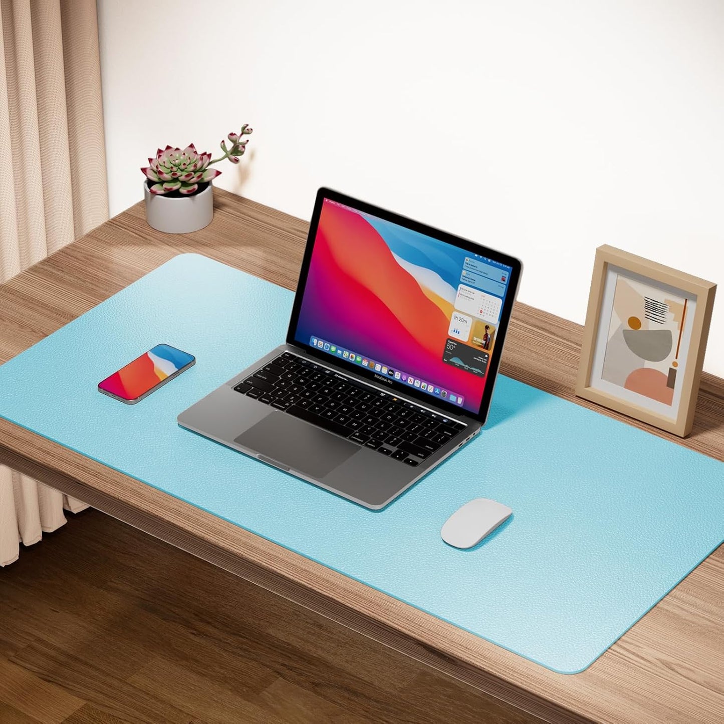 Boutilon Leather Desk Pad Protector,Non-Slip Mouse Pad,Laptop Desk Pad,Office Mouse Mat,Waterproof Leather Desk Blotter,Desk Writing Pad for Office and Home (XL-Light Blue,35.4"x 15.7")
