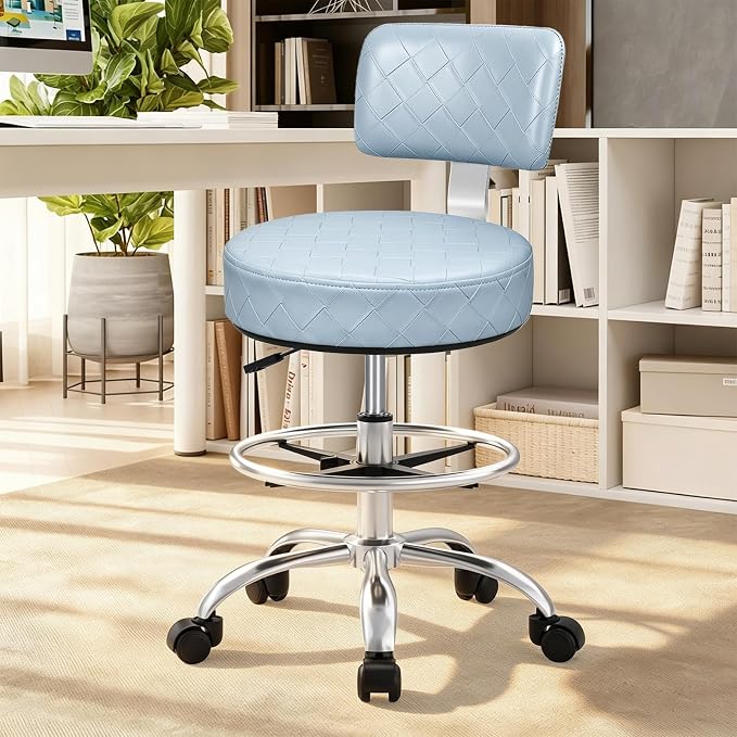 Office Drafting Chair with Footrest, Tall Height Adjustable Stool with Back Support, Heavy Duty Rolling Stool Chair with Wheels for Office Home Kitchen Bar Shop Guitar Studio Vanity, Dusty Blue