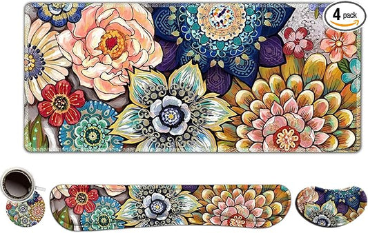 ToLuLu Extended Gaming Mouse Pad, Ergonomic Keyboard Mouse Wrist Rest Set | Large Desk Mat with Stitched Edges, Non-Slip Base Memory Foam Support Mousepad for Home Office Game, Colorful Flower