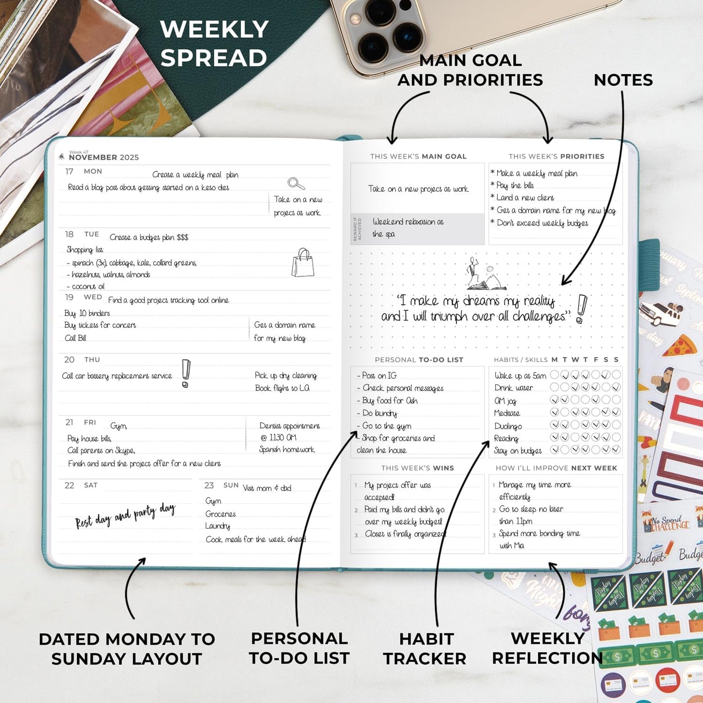 Clever Fox Dated Planner Premium 2025 – Weekly Agenda for Planning & Time Management –Notebook with Habit Tracker & To-do List (Aquamarine)