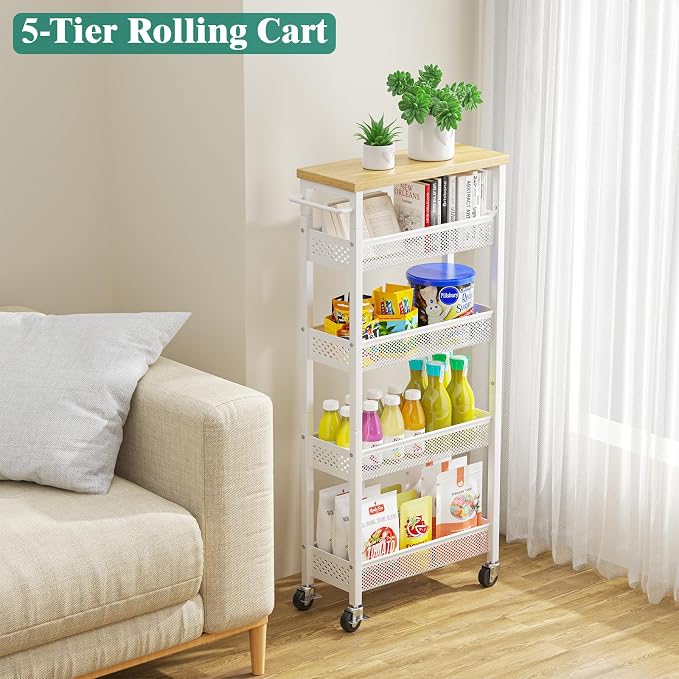 Slim Storage Cart 5 Tier Narrow Kitchen Rolling Cart on Wheels for Small Space, Metal Utility Cart Narrow Bathroom Storage Cabinet Mobile Shelf Unit Organizer with Wood Top and Handle, White