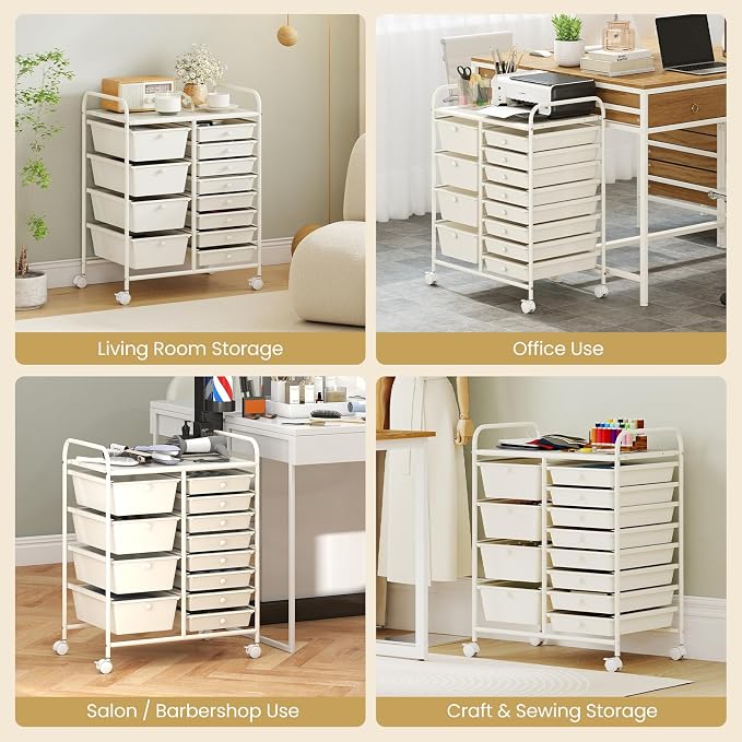 BECOMFORT 15-Drawer Rolling Cart with Drawers, Storage Cart on Wheels, Teacher Classroom Organizers with Metal Frame, Mobile Craft Cart for Tools