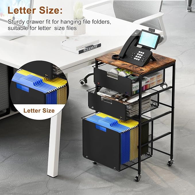 EasyPAG Rolling Storage Cart with 3 Drawers, Under Desk File Cabinet on Lockable Wheels, Movable Letter Size Hanging File Folder Organizer with Wooden Printer Stand for Home Office, Black