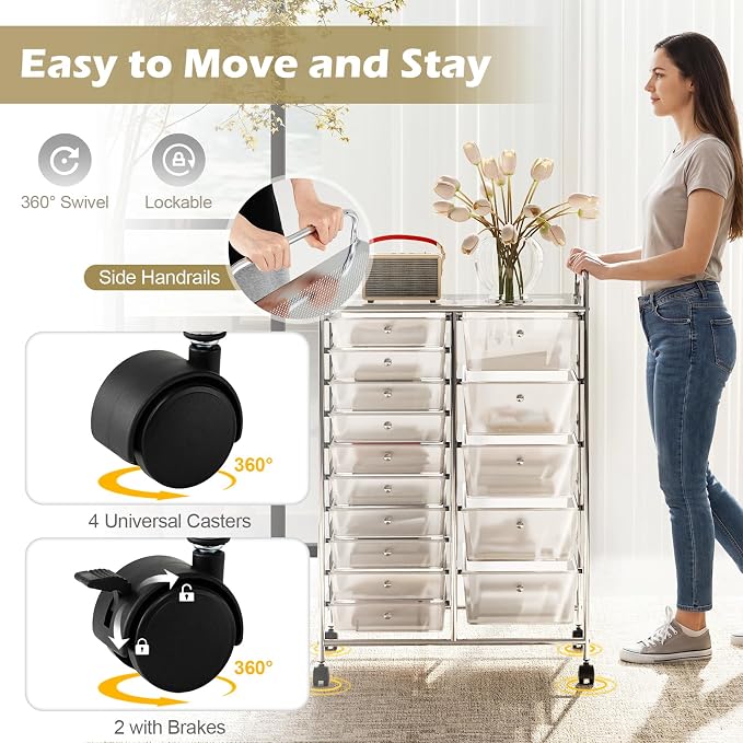 RELAX4LIFE 15-Drawer Rolling Storage Cart - Utility Cart with Metal Frame, Lockable Wheels & Removable Drawers, Multipurpose Art Craft Organizer for Home Office, Classroom (Clear)