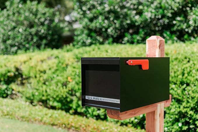 Architectural Mailboxes MailMax Post Mount Mailbox, All Black, Large | Modern galvanized steel and aluminum build with rust-resistant powder-coat finish and a magnetic door closure. USPS approved.