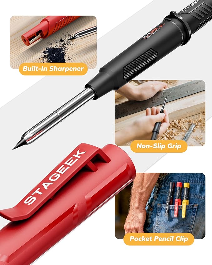 STAGEEK 2.8mm Mechanical Carpenter Pencils with Sharpener, 3 Pack | 57 Refills, Construction Pencil Heavy Duty Woodworking Tools, Waterproof Deep Hole Long Nib Marker Pens for Architect Marking