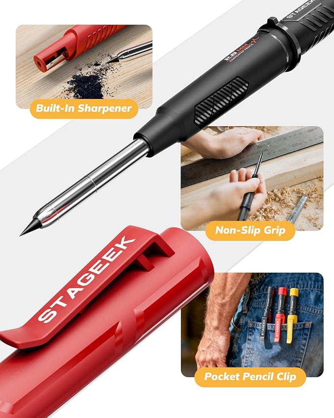 STAGEEK 2.8mm Mechanical Carpenter Pencils with Sharpener, 2 Pack | 38 Refills, Construction Pencil Heavy Duty Woodworking Tools, Waterproof Deep Hole Long Nib Marker Pens for Architect Marking