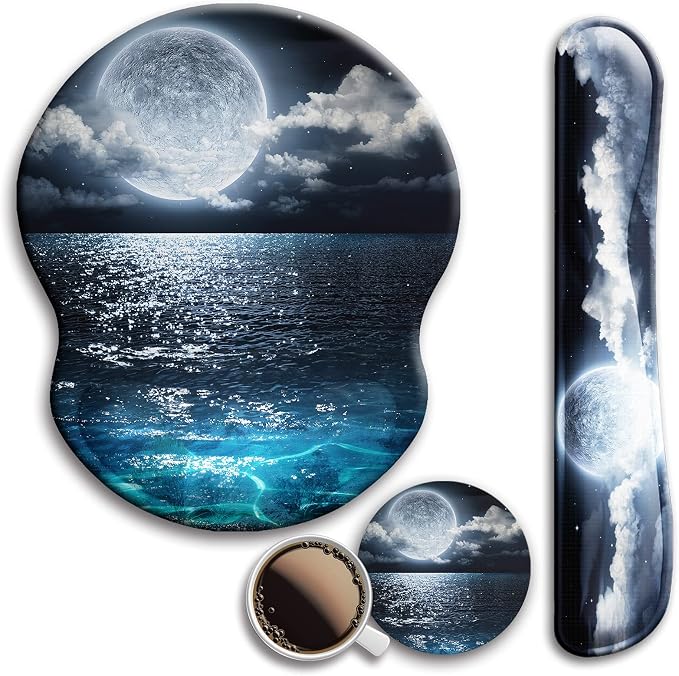Mouse Pad and Keyboard Wrist Rest Support,Ergonomic Mouse Pad Set | Mousepad With Coaster and Non-Slip PU Base,Pain Relief for Desk Desktop Gaming, Computer,Office -Beach