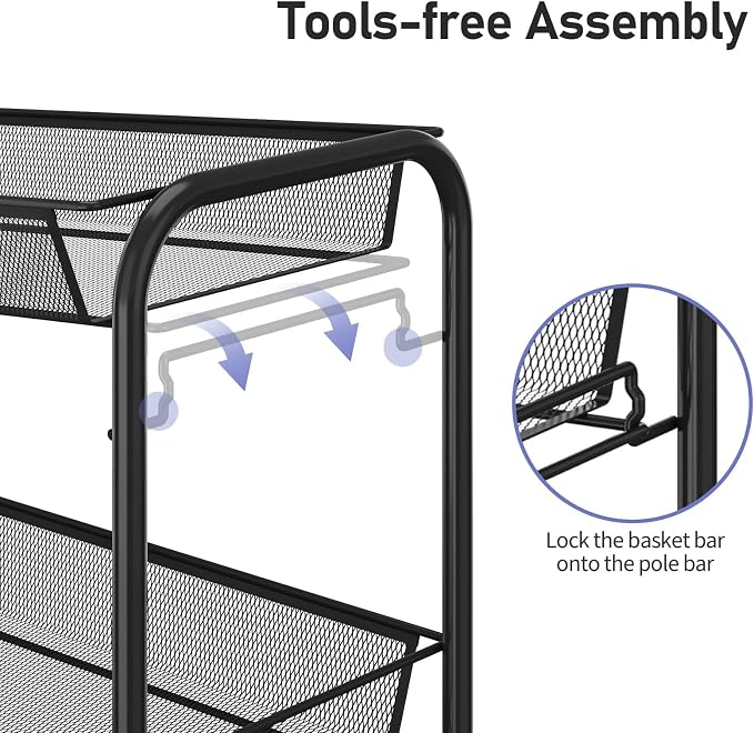 TOOLF 3 Tier Rolling Cart, Metal Utility Storage Cart with Wheels, Black | 3 Hooks, Screwless Assembly, Trolley Organizer for Bathroom, Kitchen, Office, Nursery, Dorm, Laundry Room