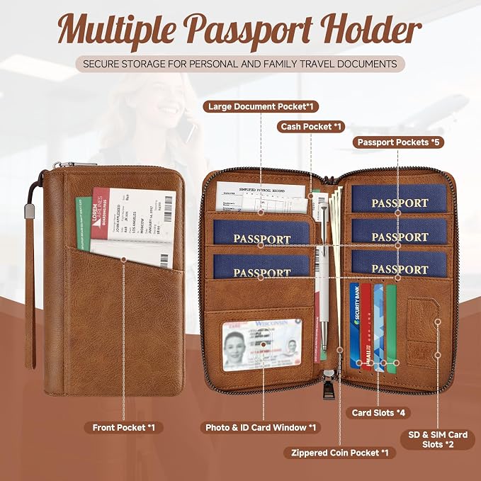 Likesing Family Passport Holder for 5, RFID Multiple Passport Holder-Brown | Leather RFID Blocking Travel Passport Wallet with Zipper, Travel Document Organizer with Wrist Strap Card Slots for Women Men