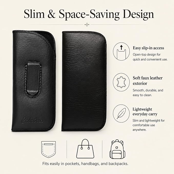 Calabria Slim Eye Glasses Case w/Clip Soft PU Leather Black Men Women Eyeglasses Pouch Slip-In Eyewear Holder Sunglass Bag - 12PACK