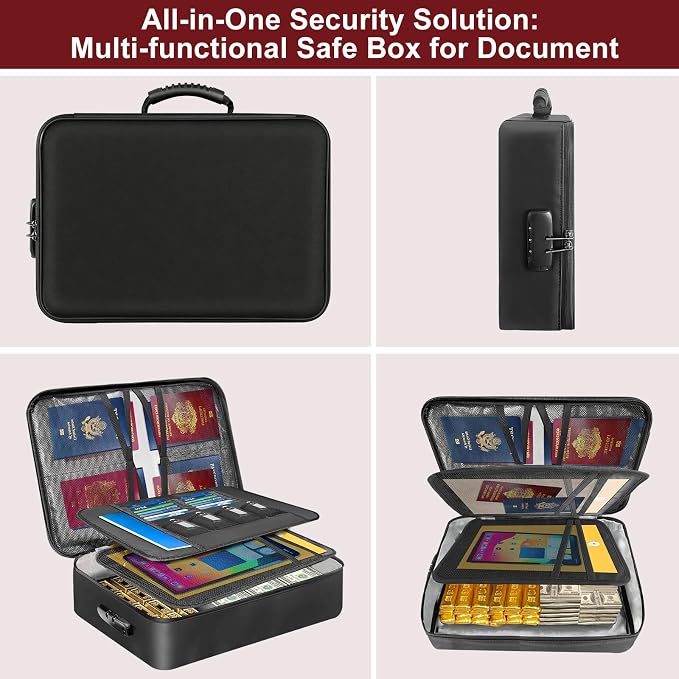 Fireproof Document Organizer Box with Lock for Important Documents | 8 Layers File Organizer, 5200°F Fire & Water-Resistant, Portable Home Travel Safe Storage, 15"x11"x4.1", Black, Soft