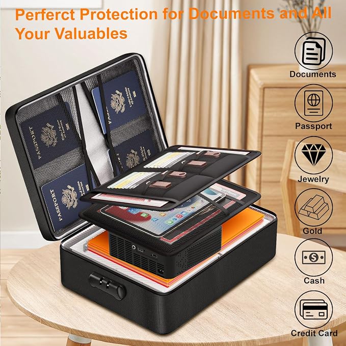 Fireproof File Organizer with Lock, Document Box with 13 Pockets | 5200℉ Multi-Layer File Organizer Box with Lock,Portable Home Travel Safe Storage for Important Documents and More