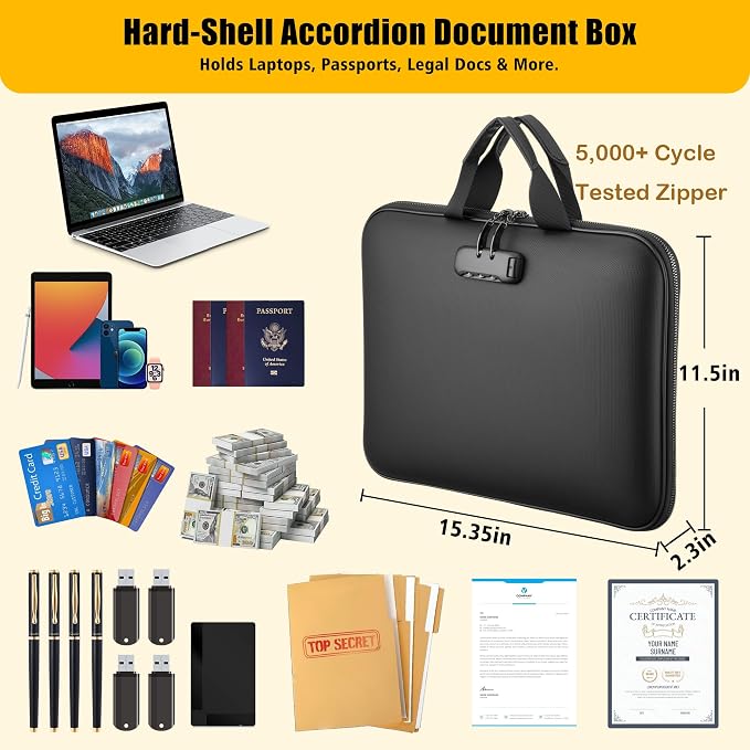 facka Fireproof Document Box with Lock, Hard-Shell Safe File Organizer | 13-Pocket Accordion Folder for Important & Legal Documents, Laptop, Passport, Cards & Valuables, Home Office Travel Black