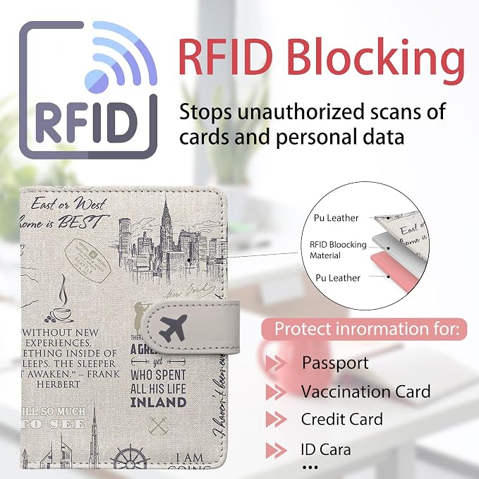 Passport Holder, Cute Travel Wallet Cover with RFID Blocking,Travel | PU leather travel wallet with magnetic closure, card slots, pen loop, and easy access for passports and essentials.