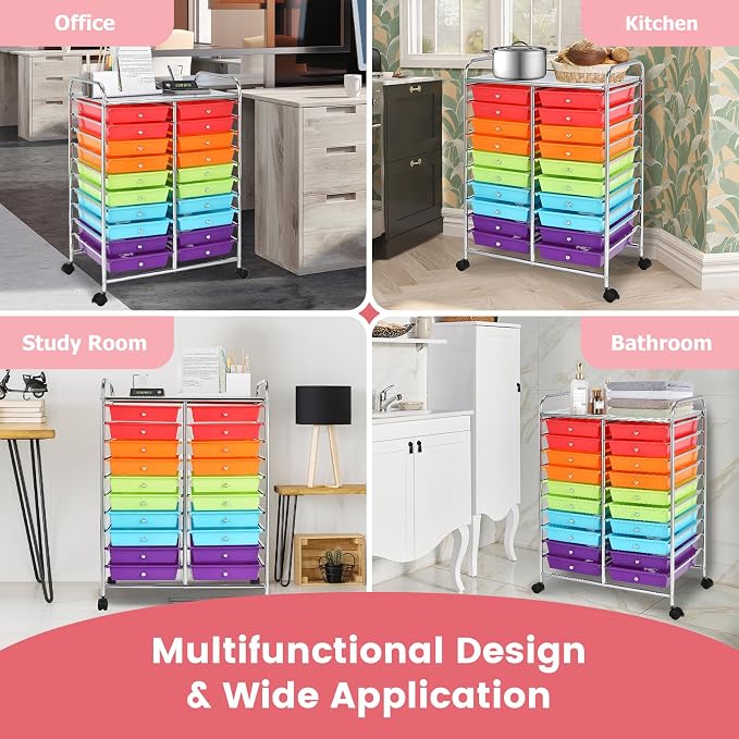 RELAX4LIFE 20 Drawer Rolling Storage Cart, Mobile Rolling Cart w/Drawers for School Classroom Teacher Office Home Salon, Paper File Art Supply Craft Organizer, Utility Cart on Wheels (Multicolor)