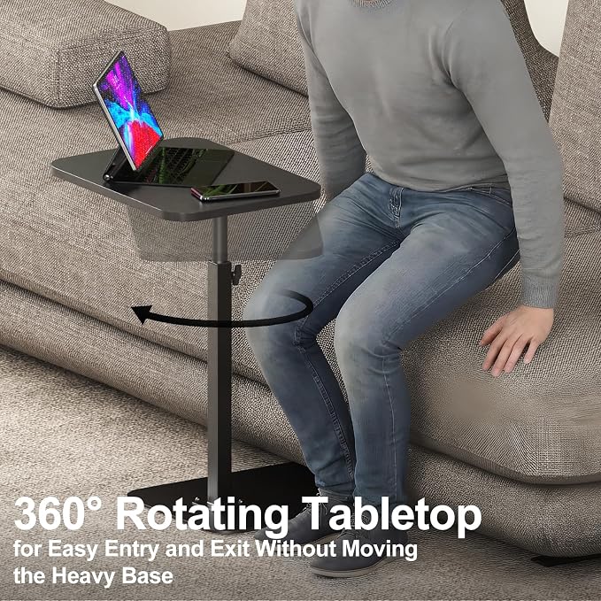 Side Table Sofa Tray for Couch Heavy Metal Base Swivel/Adjustable Height | Sofa Bed Bathroom Study TV Tray C Shaped End Table Food Snack Trays for Eating