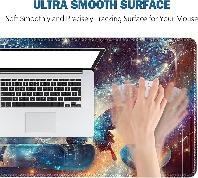 ToLuLu Large Mouse Pad Desk Pad Set, Wrist Rest Support Desk Mat for Keyboard and Mouse, 4PCS 35.4”x15.7 XXL Giant Mouse Pad, Non-Slip Base Stitched Edges Mousepad Home Office, Glittering Butterfly